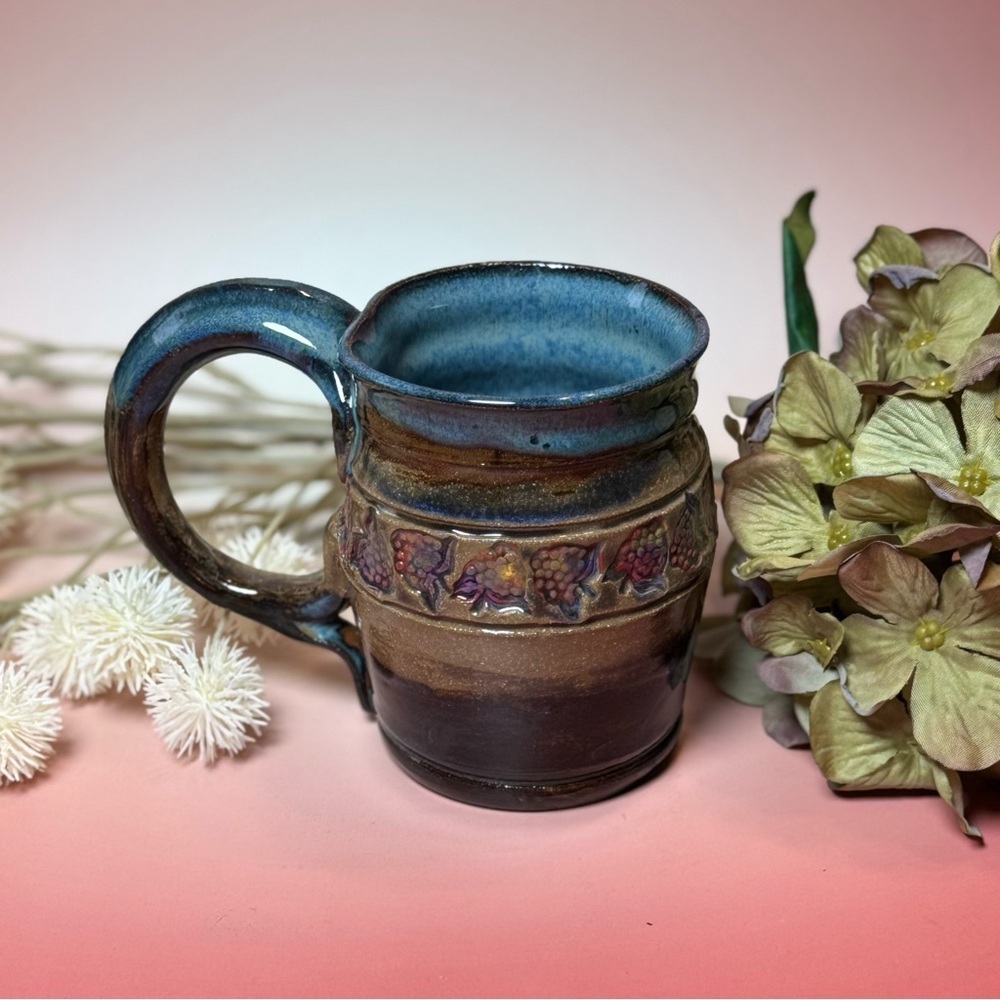Handcrafted Pottery Mug with Grapevine Design. Artist signed